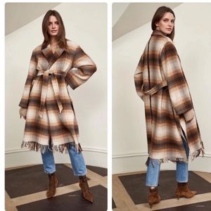 NEW $650 La Ligne Mercer Plaid Fringe Wool Blanket Coat Size M.